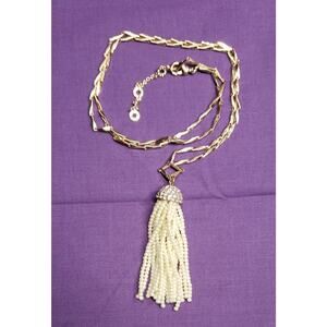Baublebar Signed Long Gold Tone, Faux Pearl & Rhinestone Accent Tassel Necklace